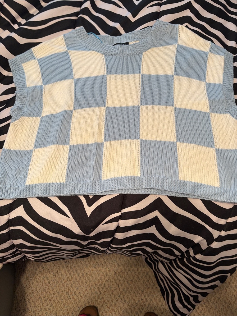 Papermoon Light Blue & Cream Check Knit Sweater Vest